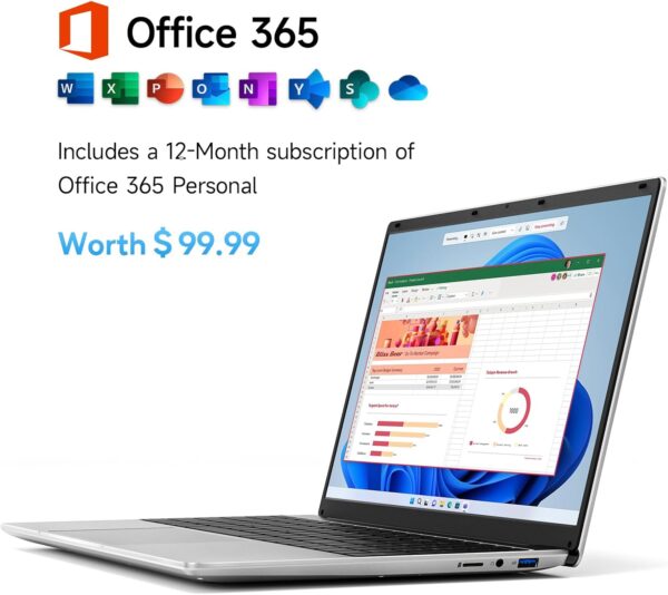 15.6 Inch Laptop with Office 365, 4GB RAM, 128GB Storage Expandable 1TB, 5205U Processor, HD Display, Windows 11 Laptops Computer, Wi-Fi 5, BT4.2, Numpad, Type-C, for Business and Students. - Image 4