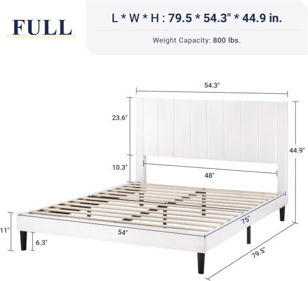 Allewie Full Platform Bed Frame/Velvet Upholstered Bed Frame with Vertical Channel Tufted Headboard/Strong Wooden Slats/Mattress Foundation/Box Spring Optional/Easy Assembly/White - Image 3