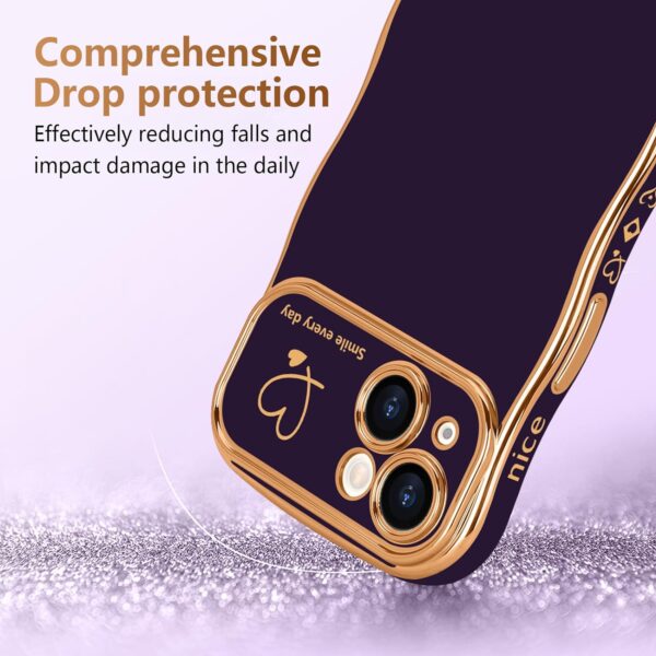 LCHULLE for iPhone 14 Case for Women Girls, Cute Wave Frame Curly Shape with Love Heart Pattern Raised Camera Protection Cover Luxury Plating Shockproof Phone Case for iPhone 14, Dark Purple - Image 4