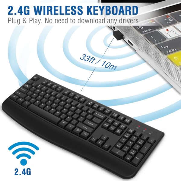 EDJO Wireless Keyboard, 2.4G Ergonomic Full Size Wireless Computer Keyboard with Wrist Rest for Windows, Mac OS Desktop/Laptop/PC（Black） - Image 4