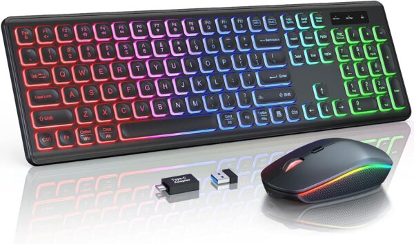 Wireless Keyboard and Mouse Combo - RGB Backlit, Rechargeable & Light Up Letters, Full-Size, Ergonomic Tilt Angle, Sleep Mode, 2.4GHz Quiet Keyboard Mouse for Mac, Windows, Laptop, PC, Trueque - Image 2