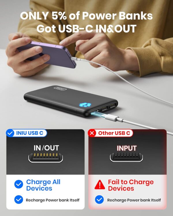 INIU Portable Charger, Slimmest 10000mAh 5V/3A Power Bank, USB C in&out High-Speed Charging Battery Pack, External Phone Powerbank Compatible with iPhone 16 15 14 13 12 Samsung S22 S21 Google iPad etc - Image 6