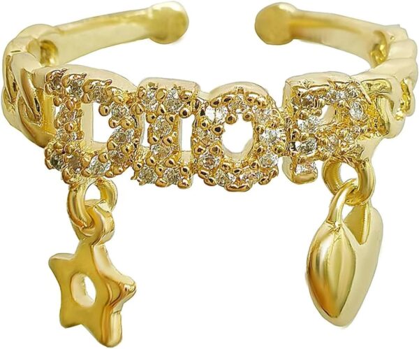 18k Gold Plated Adjustable Rings - Chunky Heart, Cross, T Bar & Butterfly Rings with Cubic Zirconia Diamonds - Size 5-8 - Image 2