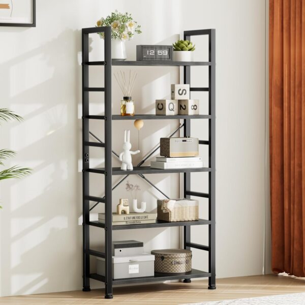 Sweetcrispy Book Shelf, 5 Tier Bookcase, Modern Tall Bookshelf for Garage Kit, CDs, Movies, Industrial Corner Storage Organizer for Bedroom Home Office Kitchen Living Room, Black - Image 9