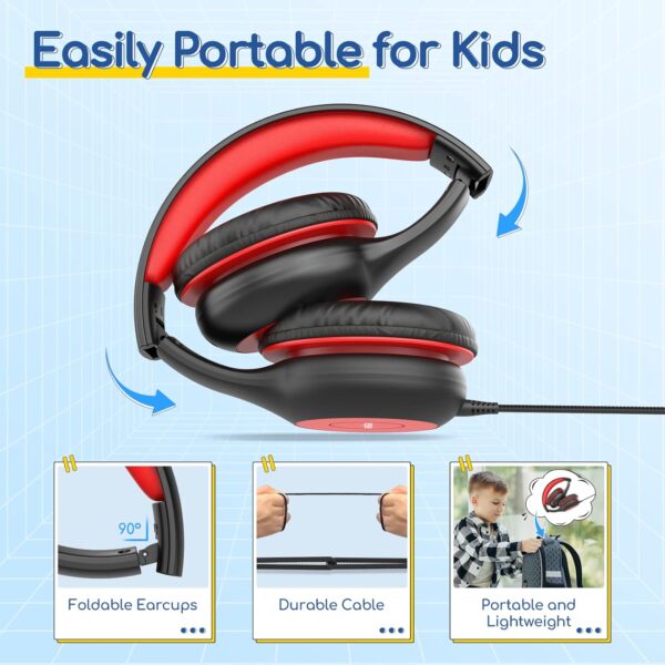 EarFun Kids Headphones Wired with Microphone, 85/94dB Volume Limit Portable Headphones for Kids with Shareport, Stereo Sound Foldable Headset for School/Tablet/iPad/Kindle, Black Red - Image 9