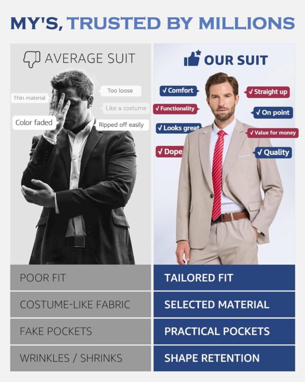 MY'S Men's 2 Piece Slim Fit Suit, One Button Jacket Pants Set with Tie - Image 5