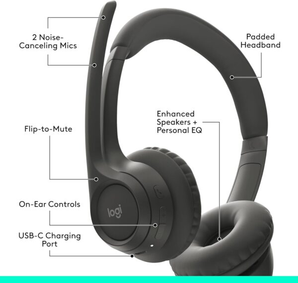 Logitech Zone 301 Wireless Bluetooth Headset with Noise-Canceling Microphone, Compatible with Windows, Mac, Chrome, Linux, iOS, iPadOS, Android – Graphite - Image 7