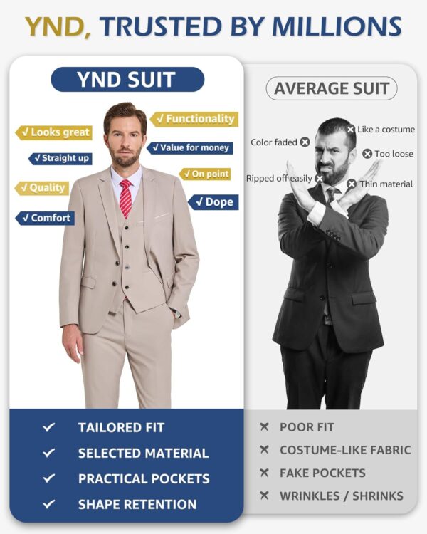 YND Men's Slim Fit 2 Button 3 Piece Suit Set, Solid Blazer Jacket Vest Pants & Tie - Image 5