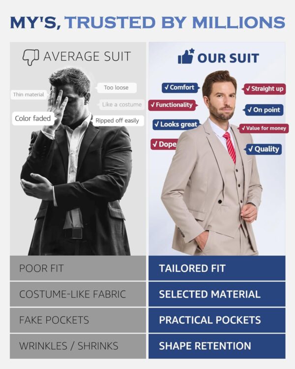 MY'S Men's 3 Piece Slim Fit Suit Set, One Button Solid Jacket Vest Pants with Tie - Image 5