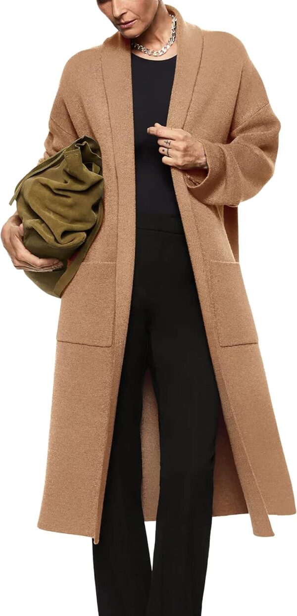 Womens Long Sleeve Maxi Cardigan Open Front Oversized Knitted Sweater Coat Casual Lapel Warm Overcoat with Pockets - Image 2