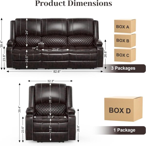 3 Seater Recliner Sofa Set with 2-Tier Cushion, 3+1 Pieces in Living Room, 3 Seater Reclining Couch Leather with Removable Console, 1 Oversize Recliner Chair Sofa Seat - Image 3