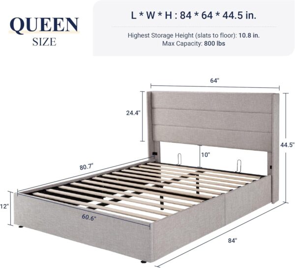 Allewie Queen Size Lift Up Storage Bed, Modern Wingback Headboard, Hydraulic Support, No Box Spring Needed, Light Beige - Image 3