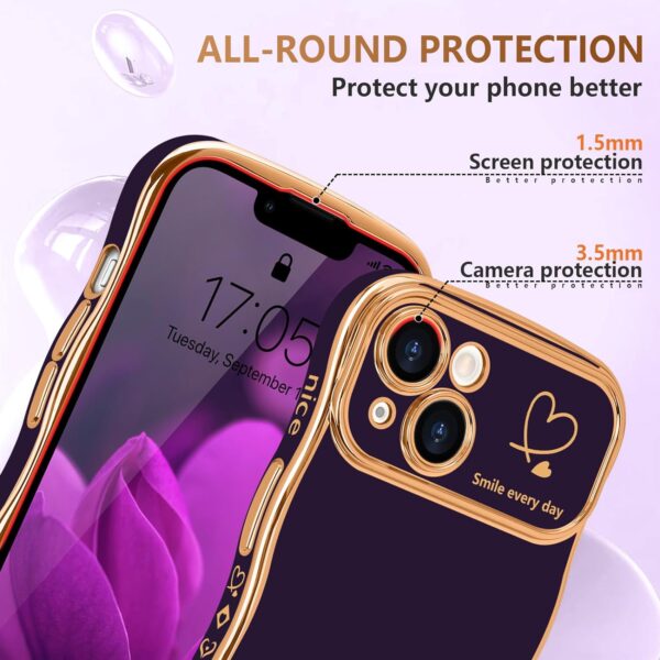 LCHULLE for iPhone 14 Case for Women Girls, Cute Wave Frame Curly Shape with Love Heart Pattern Raised Camera Protection Cover Luxury Plating Shockproof Phone Case for iPhone 14, Dark Purple - Image 5