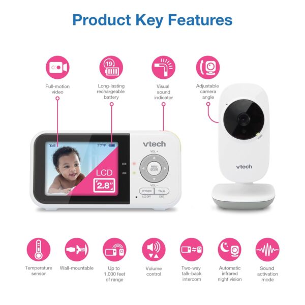 VTech VM819 Baby Monitor with Camera and Audio, 2.8” Screen Portable Baby Camera, Night Vision, 2-Way Audio, Temperature Sensor and Lullabies, Secure Transmission No WiFi, Ideal for Baby/Elderly/Pet - Image 3