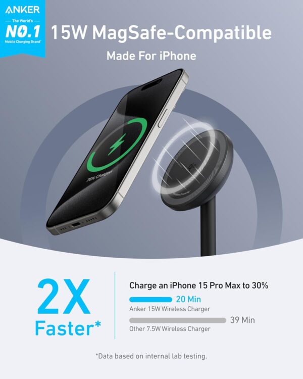 Anker MagGo iPhone 16 MagSafe-Compatible Wireless Charger Stand, 15W Fast Magnetic Wireless Charging Station, Qi2 Certified 360° Charger, for iPhone 16/15/14/13/12 Series and AirPods (No AC Adapter) - Image 3