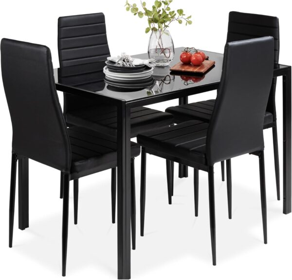 Best Choice Products 5-Piece Glass Dining Set, Modern Kitchen Table Furniture for Dining Room, Dinette, Compact Space-Saving w/Glass Tabletop, 4 Upholstered PU Chairs, Metal Steel Frame - Black - Image 2