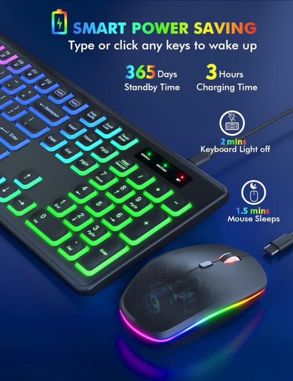 Wireless Keyboard and Mouse Combo - RGB Backlit, Rechargeable & Light Up Letters, Full-Size, Ergonomic Tilt Angle, Sleep Mode, 2.4GHz Quiet Keyboard Mouse for Mac, Windows, Laptop, PC, Trueque - Image 4