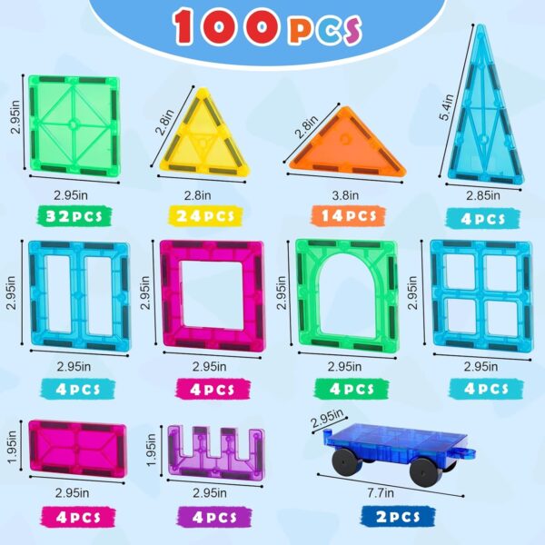 Gemmicc Magnetic Tiles 100 PCS with 2 Cars, STEM Approved Educational Magnet BuildingToys, Magnet Puzzles Stacking Blocks for Boys Girls - Image 5