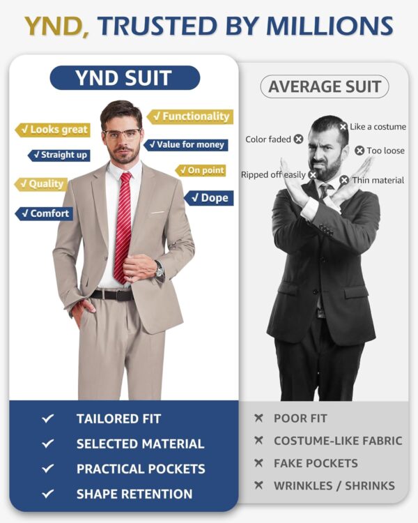 YND Men's Slim Fit 2 Piece Suit, One Button Solid Jacket Pants Set with Tie - Image 5