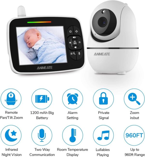 ANMEATE Child Monitor with Distant Pan-Tilt-Zoom Digital camera,Giant Show Video Child Monitor with Digital camera and Audio |Infrared Night time Imaginative and prescient |Two Manner Speak | Room Temperature| Lullabies and 960ft Vary（Black） - Image 3