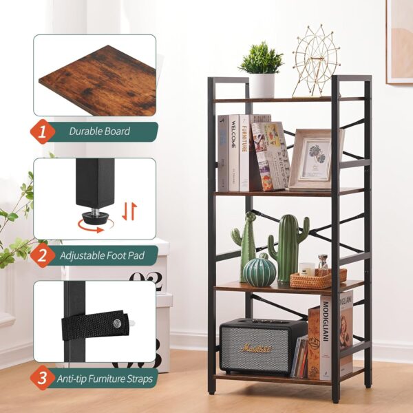 Yoobure 4 Tier Bookshelf - Small Book Shelf Industrial Bookcase, Narrow Book Case Book Storage Organizer for CD/Movie/Book, Bookshelves for Bedroom Office Living Room Berry Brown - Image 5