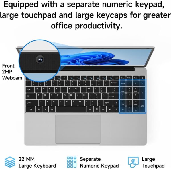 15.6 Inch Laptop with Office 365, 4GB RAM, 128GB Storage Expandable 1TB, 5205U Processor, HD Display, Windows 11 Laptops Computer, Wi-Fi 5, BT4.2, Numpad, Type-C, for Business and Students. - Image 8