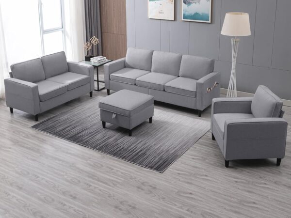 ijuicy 6 Seat Sectional Sofa Set w/Ottoman,3 Seat Couch & Loveseat Sofa & Armchair with Side Pockets & Movable Storage Ottoman, 3PCS Modern Couch Set Living Room Furniture Set(3+2+1Seat/Light Grey) - Image 2