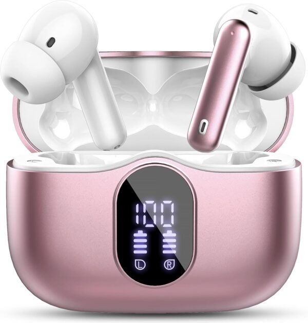 Wireless Earbuds Bluetooth 5.4 Headphones Bass Stereo Ear Buds with Noise Cancelling Mic LED Display in Ear Earphones IP7 Waterproof 36H Playtime for Laptop Pad Phones Sports Workout Rose Gold - Image 2