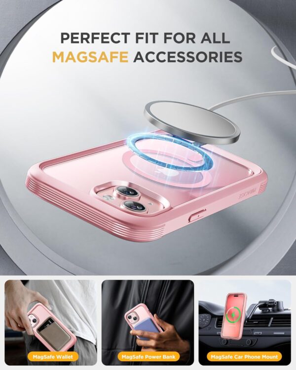 Miracase Glass Series for iPhone 15 Case [Compatible with MagSafe] Full-Body Magnetic Case with Built-in 9H Tempered Glass Anti-Fingerprint Screen Protector + Camera Lens Protector, Pink and Clear - Image 4