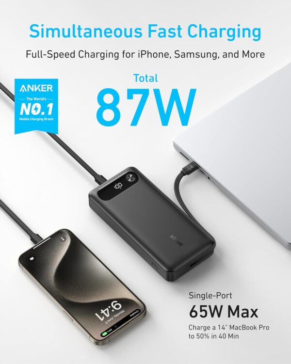 Anker Power Bank, 20,000mAh Travel Essential Portable Charger with Built-In USB-C Cable, 3-Port 87W Max Fast Charging Battery Pack, for MacBook, iPhone 16/15 Series, Samsung, Switch, and More - Image 3