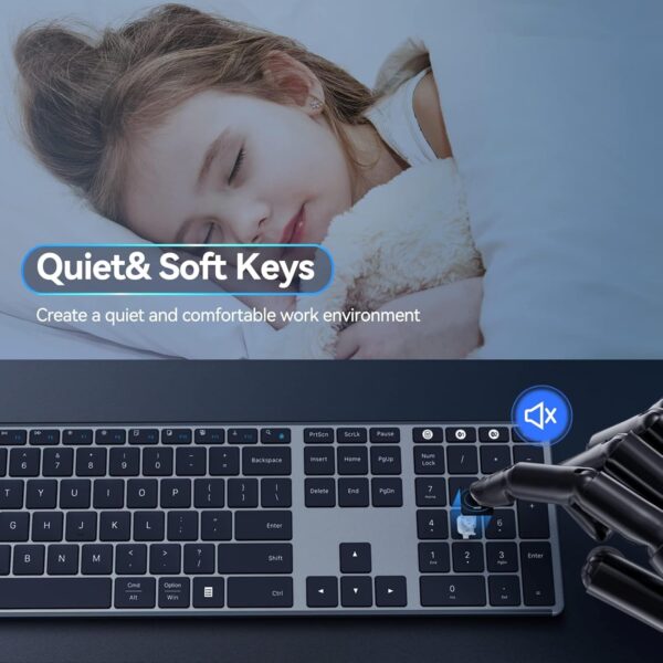 AUSDOM 2.4G Wireless Bluetooth Keyboard Full Size, Quiet Slim Multi-Device Rechargeable Cordless QWERTY Keyboard with Number Pad, Low Profile Silent Flat Universal Keyboard for Computer/Mac/Windows - Image 4