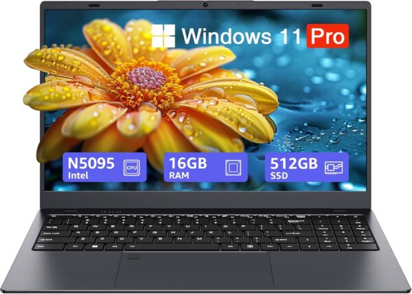 15.6-inch Windows 11 Laptop, 16GB RAM, 512GB SSD, FHD IPS Display Laptop Computer, Intel N5095 Quad Core, 2.4/5G WiFi, BT4.2 Backlit and Fingerprint, Lightweight and Portable - Image 2