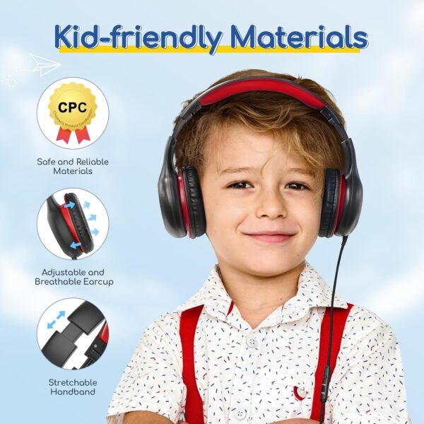 EarFun Kids Headphones Wired with Microphone, 85/94dB Volume Limit Portable Headphones for Kids with Shareport, Stereo Sound Foldable Headset for School/Tablet/iPad/Kindle, Black Red - Image 5