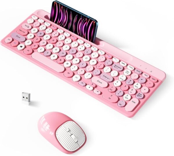 Wireless Keyboard and Mouse Combo, Retro Wireless Keyboard with Round Keycaps, 2.4GHz Full-Size USB Cute Wireless Keyboard Mouse for Computer, Desktop, Laptop and Computer (Pink-Colorful) - Image 2