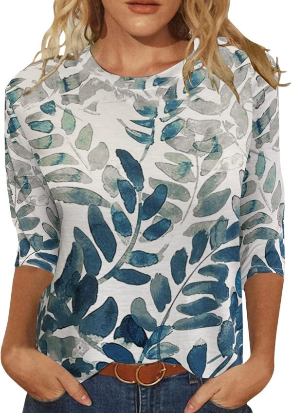 JomeDesign Womens Tops 3/4 Sleeve Shirts Round Neck Loose Casual Blouses Floral Print Tshirts - Image 2