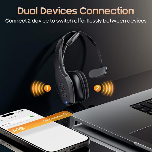 Trucker Bluetooth Headset, Wireless Headset with Mic, Bluetooth Headset with Dual Noise Cancelling Microphone & Mute Button, 55Hrs Working Time PC Headset for Cell Phones, Computer, Truck Driver - Image 4