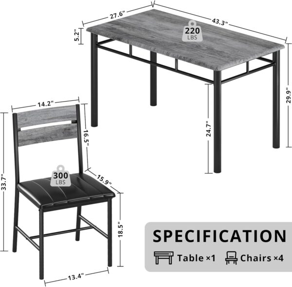 IRONCK Dining Table Set for 4, Wood Kitchen Table with Upholstered Chairs Dinning Table Set for Kitchen & Dining Room, Compact Dining Set for Small Spaces (Grey) - Image 3