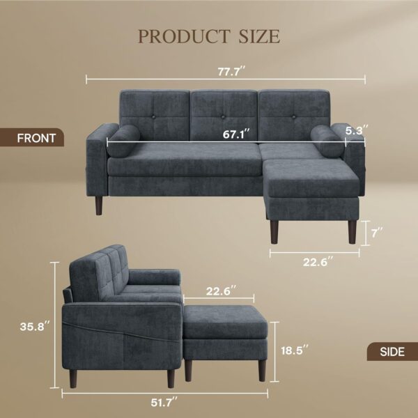 YITAHOME 78" Sectional Sofa Couch with Removable Ottoman, Cat-Scratch-Proof Fabric Sofa for Living Room Apartment, L-Shaped Sofa with 2 Cylinder Neck Pillows and Storage Pocket, Grey - Image 2