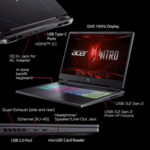 Acer Nitro 17 Gaming Laptop | AMD Ryzen 7 7840HS Octa-Core CPU | NVIDIA GeForce RTX 4060 Laptop GPU | 17.3" QHD 165Hz IPS Display | 1TB Gen 4 SSD | Wi-Fi 6E | RGB Backlit KB | AN17-41-R7G3, Black - Image 10