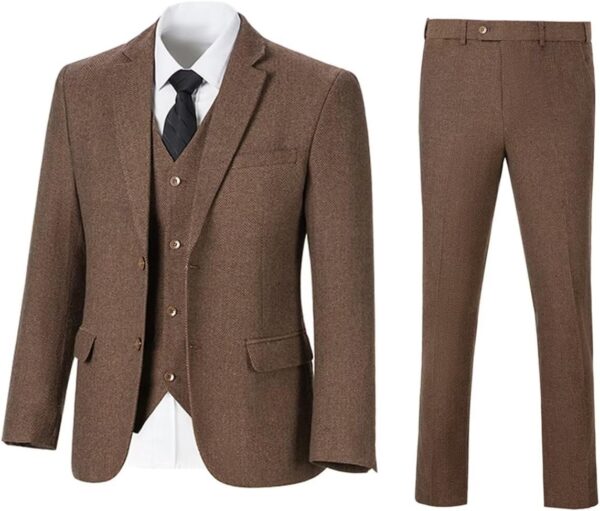 Retro Mens 3 Piece Suit Tweed Herringbone Slim Fit Suits Groomsmen Brown Tuxedos Set Prom Jacket Blazer Vest Pants for Men - Image 6