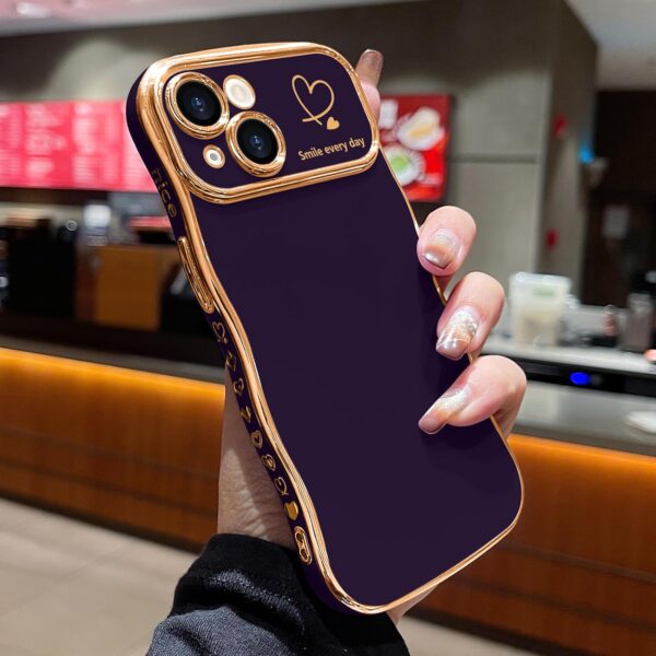 LCHULLE for iPhone 14 Case for Women Girls, Cute Wave Frame Curly Shape with Love Heart Pattern Raised Camera Protection Cover Luxury Plating Shockproof Phone Case for iPhone 14, Dark Purple - Image 3