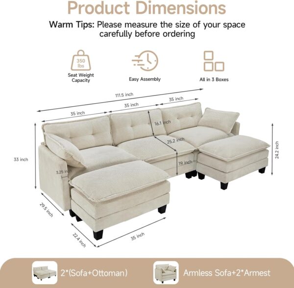 Modular Sectional Sofa, 111.5" U-Shaped Corduroy Comfy Sectional Couches for Living Room, 3-Seater Cloud Couches with 2 Movable Ottomans, Flexible Combination Modern Deep Seat Sofa (Beige) - Image 3