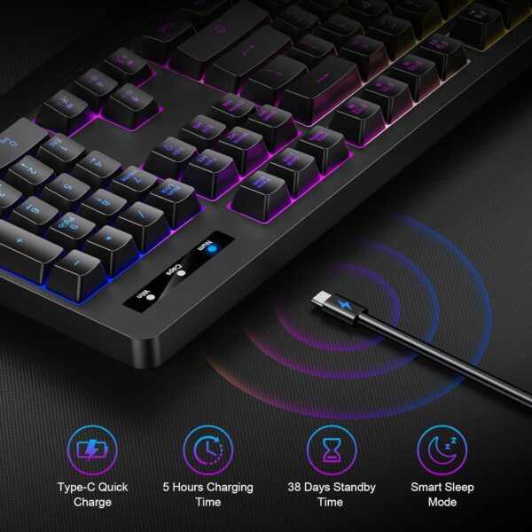 Wireless Gaming Keyboard, RGB & Single-Color Backlit, Full-Size Waterproof Computer Keyboard, Silent Keys, Wrist Rest, Sleep Mode, Rechargeable 2.4G Wireless Keyboard for Windows, Mac, PC, Laptop - Image 4