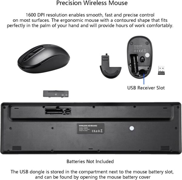 Wireless Keyboard and Mouse Combo, 2.4G Silent Cordless Keyboard Mouse Combo for Windows Chrome Laptop Computer PC Desktop, 106 Keys Full Size with Number Pad, 1600 DPI Optical Mouse (Black) - Image 7