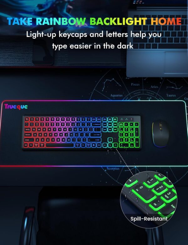 Wireless Keyboard and Mouse Combo - RGB Backlit, Rechargeable & Light Up Letters, Full-Size, Ergonomic Tilt Angle, Sleep Mode, 2.4GHz Quiet Keyboard Mouse for Mac, Windows, Laptop, PC, Trueque - Image 9