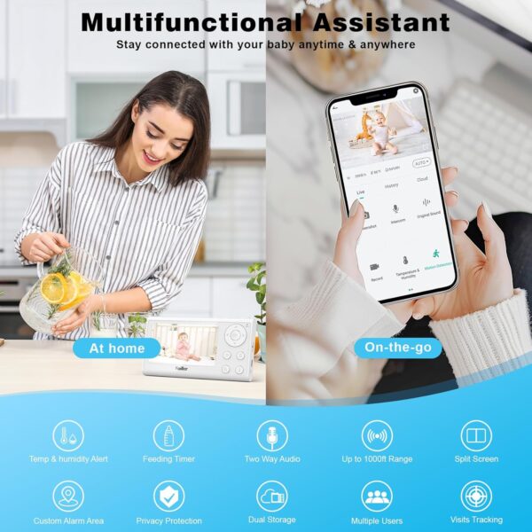 Baby Monitor, 4.3" Video Baby Monitor with 1080P Camera, Smart 2.4G WiFi Audio Monitor with Remote PTZ, Night Vision, 2-Way Talk, Sleep Mode, RGB Night Lights, Lullabies & 1000ft Range, APP Control - Image 3