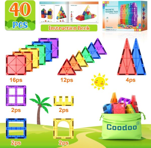 Magnetic Tiles Kids Toys STEM Magnet Toys for Toddler Magnetic Blocks Building Toys Preschool Learning Sensory Montessori Toys for 3+ Year Old Boys and Girls, Safe Creativity Toddler Kids Toys 40PCS - Image 7