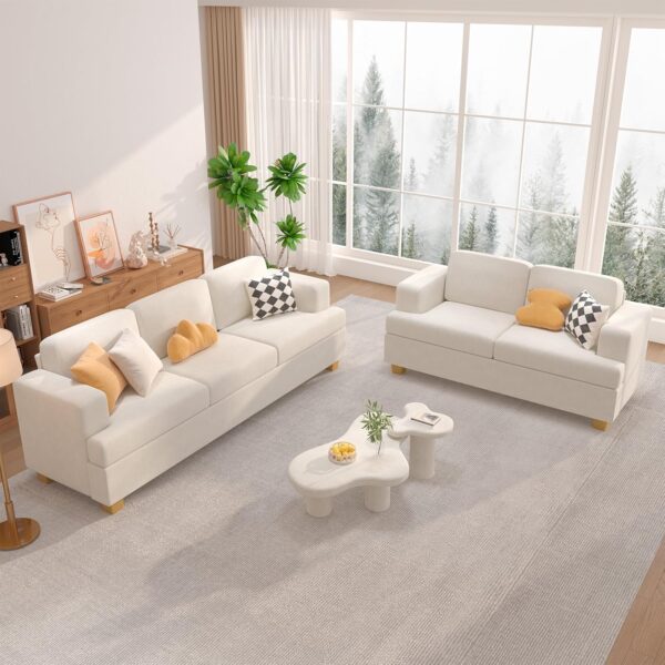 Fiona's magic 5 Seats Sofa Couch Set, 2 Piece Set Comfy Sofa Couch, 3 Seater & Loveseat Sofa with Deep Seats, Couch for Living Room, Modern Sleeper Couch, White Chenille - Image 2