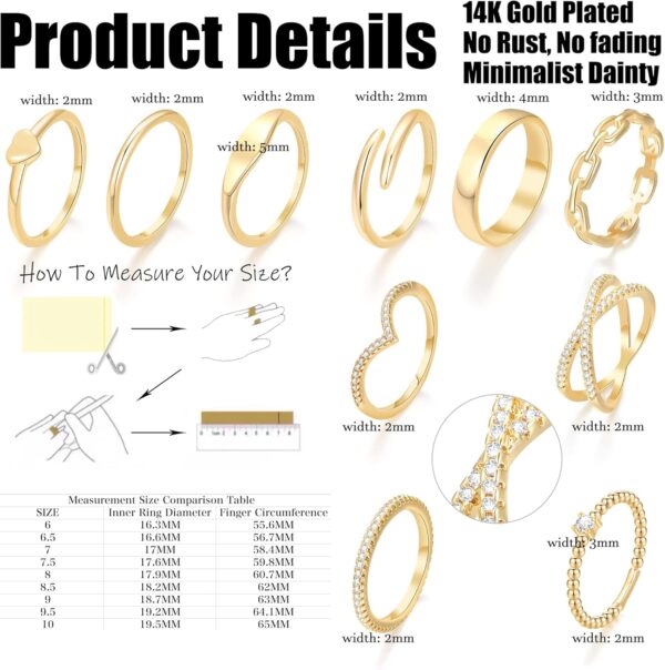 10 PCS Dainty 14K Gold Rings for Women, Open Twist Simulated Diamond Criss Cross Designs, Perfect for Stacking Layering on Thumb and Knuckle Engagement Rings in Sizes 6-10 - Image 3