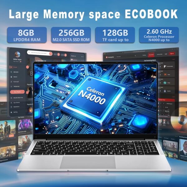 15.6 Inch Laptops, Laptop with 8GB RAM 256GB SSD, Gaming Laptop for N4000, Traditional Laptop Computers Full HD 1920X1080 Display WiF5 Mini-HDMI 180 Angle Opening Netbook For Student Business Work - Image 6